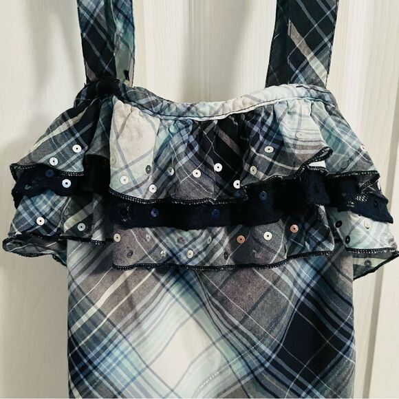 Justice Sequin Ruffle Blue Plaid Tank Top Silver Theead Trim Girls 12 - Picture 3 of 9